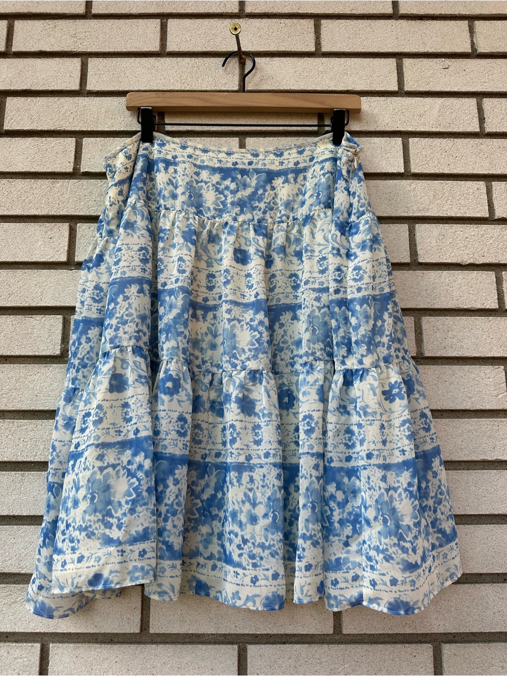 Chaps 16 Blue Ivory Floral Tiered Full Skirt Cottagecore Romantic A-Line Boho